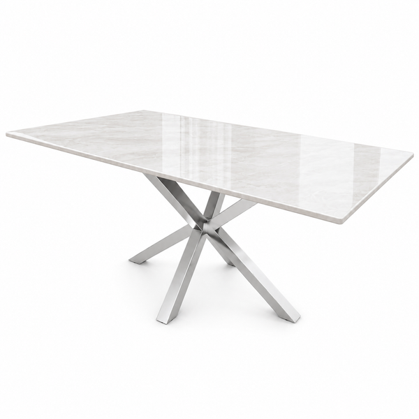 Eettafel Marmerlook Crème – Stijlvolle Zilveren Onderstel 180cm