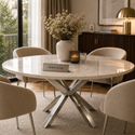 Eettafel Rond Travertin – Crème Blad met Zilveren Poot -130cm
