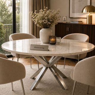 Eettafel Rond Travertin – Crème Blad met Zilveren Poot -130cm