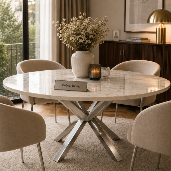 Eettafel Rond Travertin – Crème Blad met Zilveren Poot -130cm