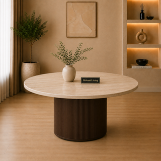 Eettafel Japandi travertin rond bruin 130 cm - Kimberly