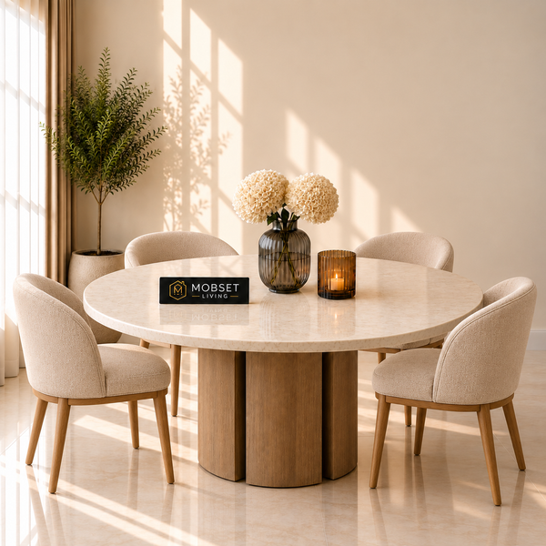 Ronde Japandi Eettafel – Travertin met Bruine Poot – 130 cm