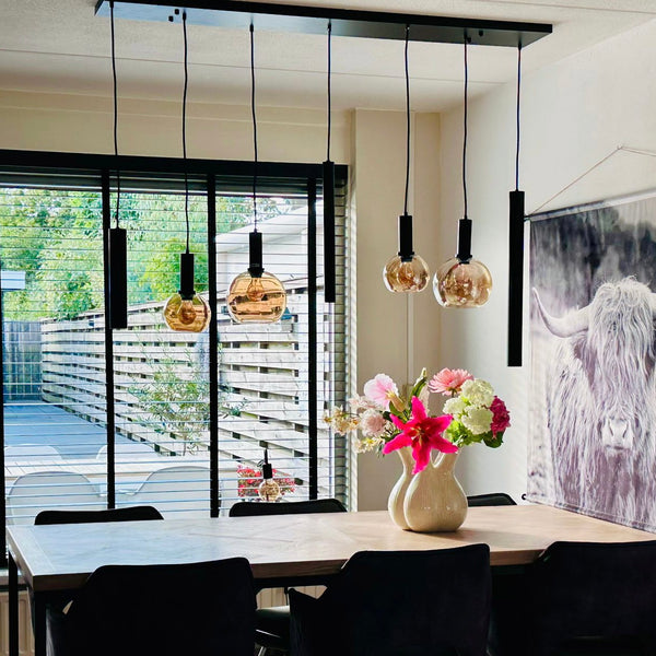 Amber Hanglamp Eettafel – Langwerpig Model – 4 Bollen + 3 Buisspots– 7 Lichtpunten