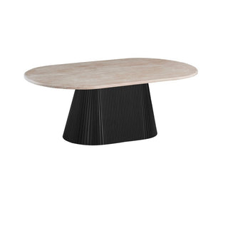 Ovale Japandi salontafel – Travertin blad & zwarte afwerking