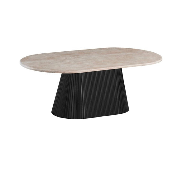 Ovale Japandi salontafel – Travertin blad & zwarte afwerking