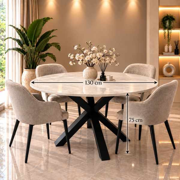 Ronde Travertin Eettafel 130 cm Witte blad - Zwarte X-poot - Luna