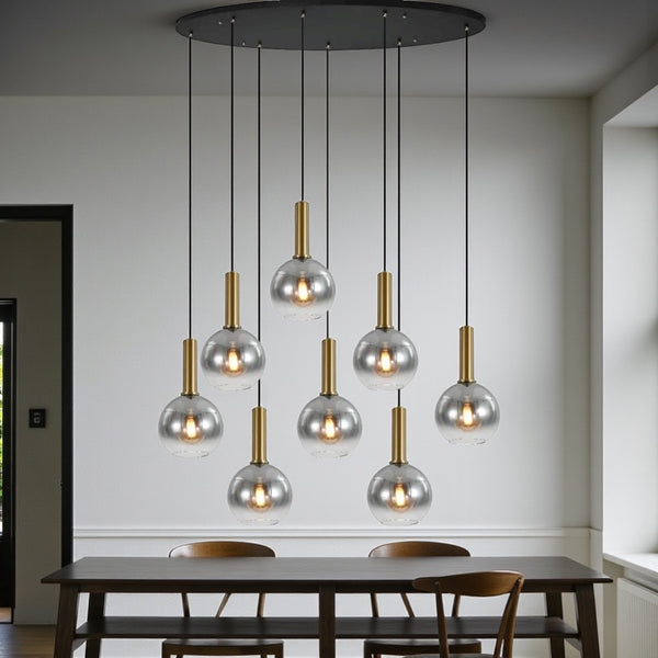 Hanglamp Eettafel Ovaal – Goud met Smoke Glas – 8 Lichtpunten