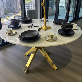 Travertin  Eettafel Rond– Crème Blad met Gouden Poot