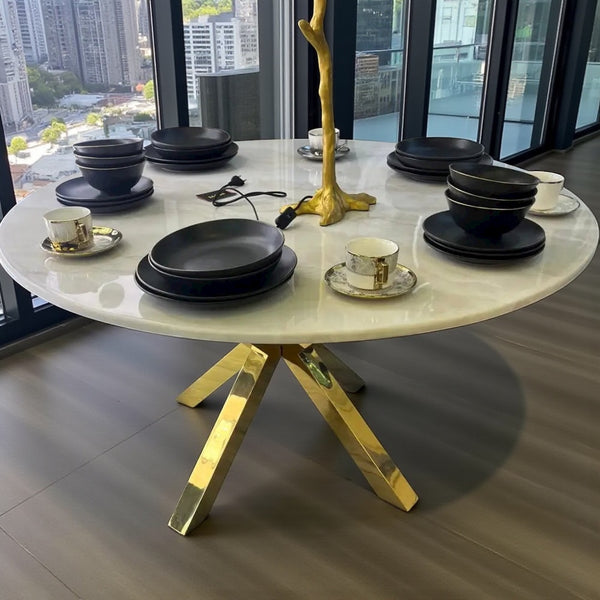 Travertin  Eettafel Rond– Crème Blad met Gouden Poot