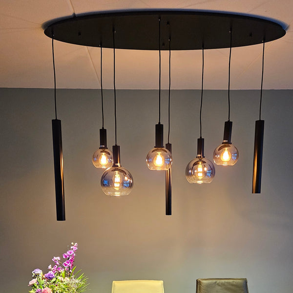 Industriële Hanglamp voor Eettafel ovaal – Smoke Glas – 8-Lichts – Dimbaar