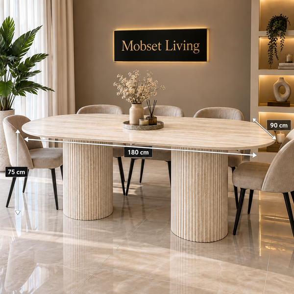 Eettafel Japandi travertin 2 potig ovaal 180cm - Kimberly