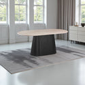 Ovale Japandi eettafel – beigekleurig stenen blad met zwarte MDF-poot