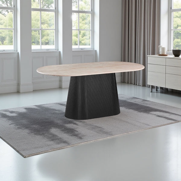 Ovale Japandi eettafel – beigekleurig stenen blad met zwarte MDF-poot