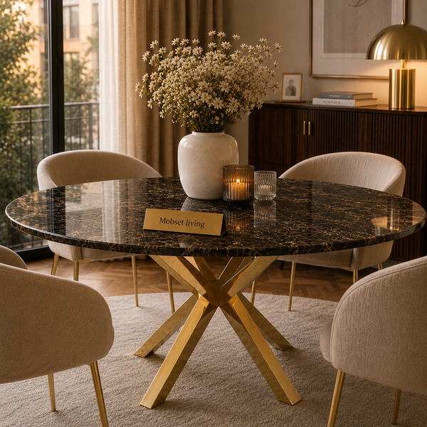 Eettafel Bruin Stijlvolle Ronde Tafel met Goud Poten - 130cm