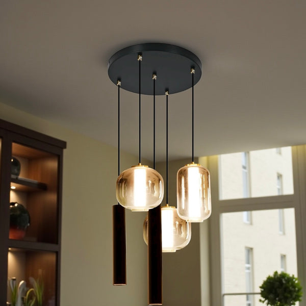 Industriële Hanglamp – Amber Glas – 5-Lichts Geïntegreerde LED