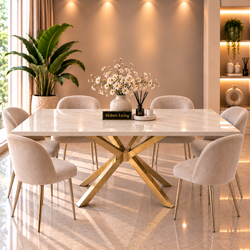 Rechthoekige Travertin Eettafel 180x90 cm Witte blad - Gouden X-poot - Elena