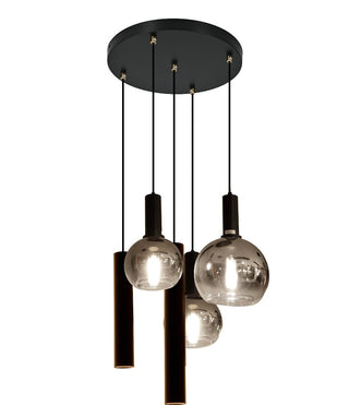 Ronde Hanglamp – 5 Lichtpunten – 3 Smoke Glasbollen verschillende bollen+ 2 Buisspots – Luxe Afwerking