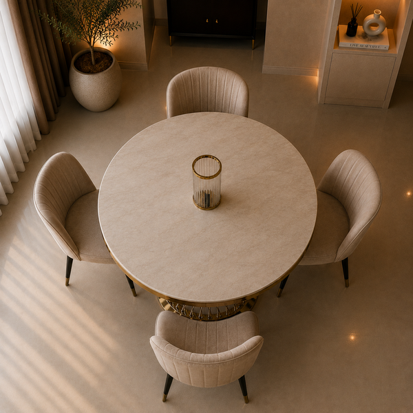 Travertin Eettafel Rond– Crème Blad met Gouden Spin Poot