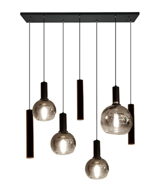 Hanglamp Eettafel – Langwerpige Plaat – 4 Smoke Bollen (diverse groottes) + 3 Buisspots – 7 Lichtpunten
