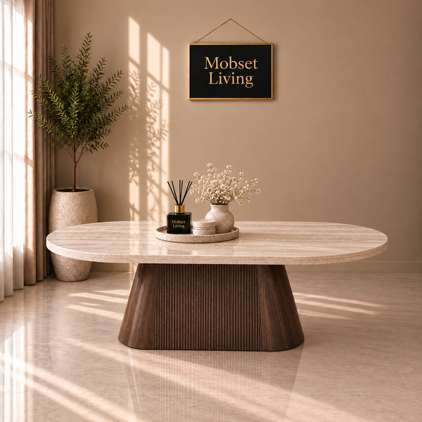 Salontafel Japandi travertin Ovaal bruin 130 cm - Kimberly