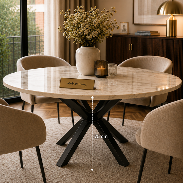 Eettafel Travertin Rond Crème – Luxe Tafel met Zwarte Poten -130cm