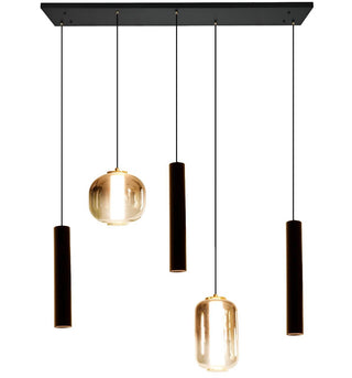 Amber glas Eettafel Hanglamp – 2 Bollen in Diverse Vormen + 3 Buisspots  – 5 Lichtpunten – Modern Design