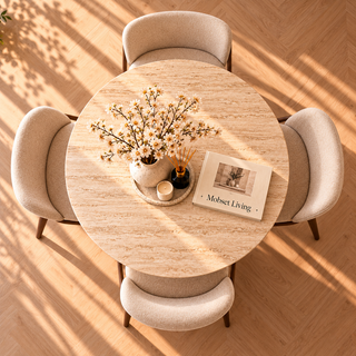 Eettafel Japandi travertin rond bruin 130 cm - Kimberly