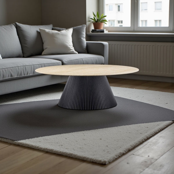 Ronde Japandi salontafel – Travertin blad & zwarte afwerking