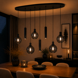 Industriële Hanglamp voor Eettafel ovaal – Smoke Glas – 8-Lichts – Dimbaar