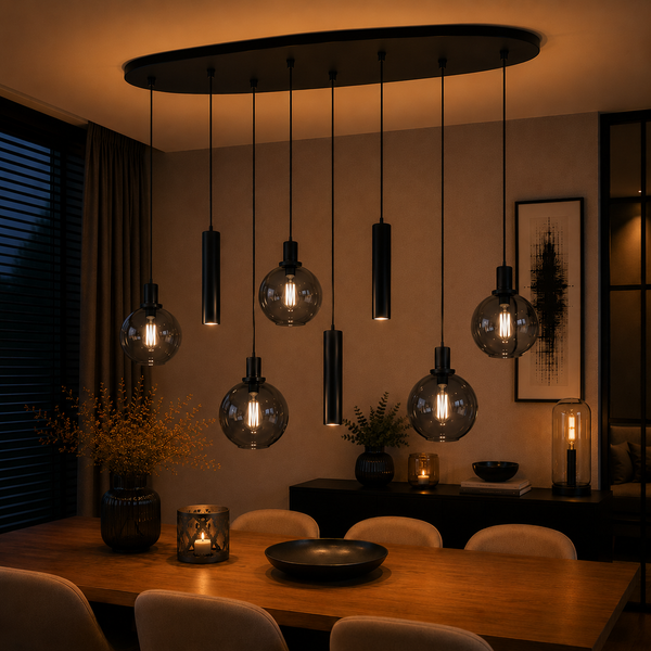 Industriële Hanglamp voor Eettafel ovaal – Smoke Glas – 8-Lichts – Dimbaar
