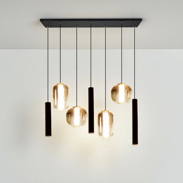 Industriële Hanglamp voor Eettafel Amber Glas – 7 -Lichts  Geïntegreerde LED