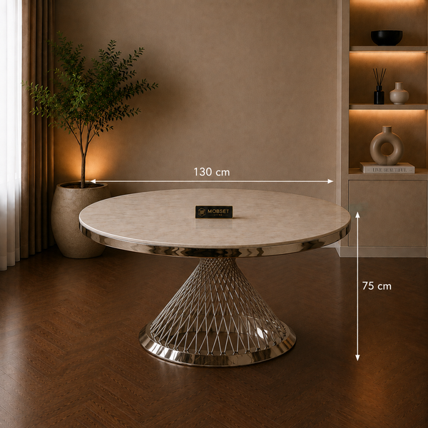Travertin Eettafel Rond – Crème Blad met Zilveren Spin Poot
