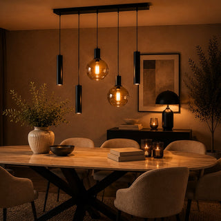 Hanglamp voor Eettafel – Zwart/Amber Glas – 5-Lichts – Dimbaar
