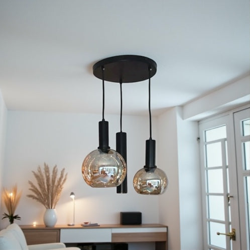 Industriële Hanglamp – Zwart/Amber Glas – 3-Lichts – Dimbaar