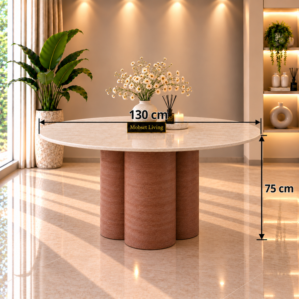 Ronde Travertin Eettafel 130 cm – Beige met Bruine Poot