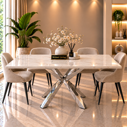 Rechthoekige Travertin Eettafel 180x90 cm Witte blad - Zilveren X-poot - Rosa