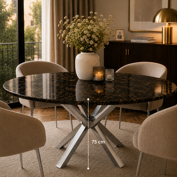 Eettafel Rond Travertin – Bruine Blad met zilveren Poten - 130cm