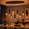 Hanglamp voor Eettafel ovaal – Zwart/Amber Glas – 8-Lichts – Dimbaar