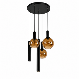 Industriële Hanglamp – Zwart/Amber Glas – 5-Lichts – Dimbaar
