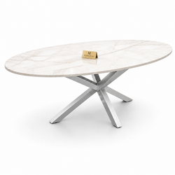 Eettafel ovaal Travertin crème blad poten zilver 180cm