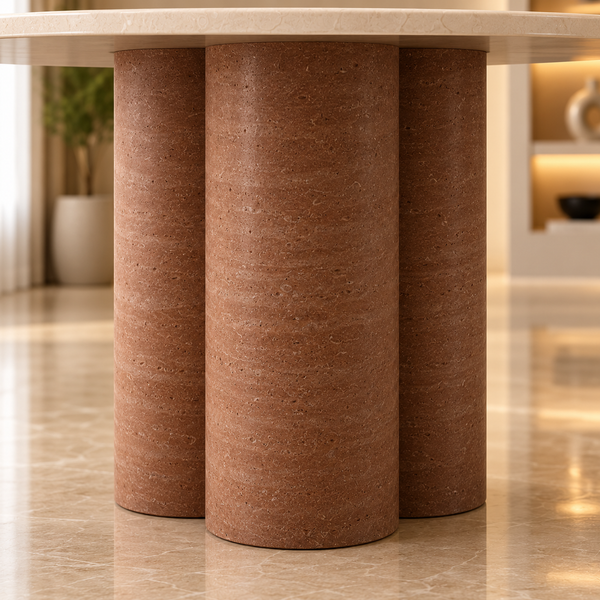 Ronde Travertin Eettafel 130 cm – Beige met Bruine Poot