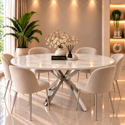 Ovale Travertin Eettafel 180x90 cm Witte blad- Zilveren X-poot - Rosa