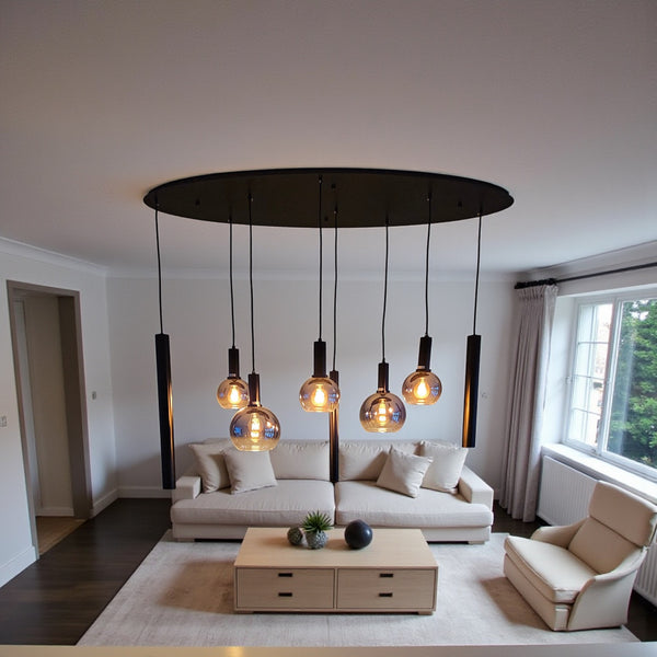 Industriële Hanglamp voor Eettafel ovaal – Smoke Glas – 8-Lichts – Dimbaar