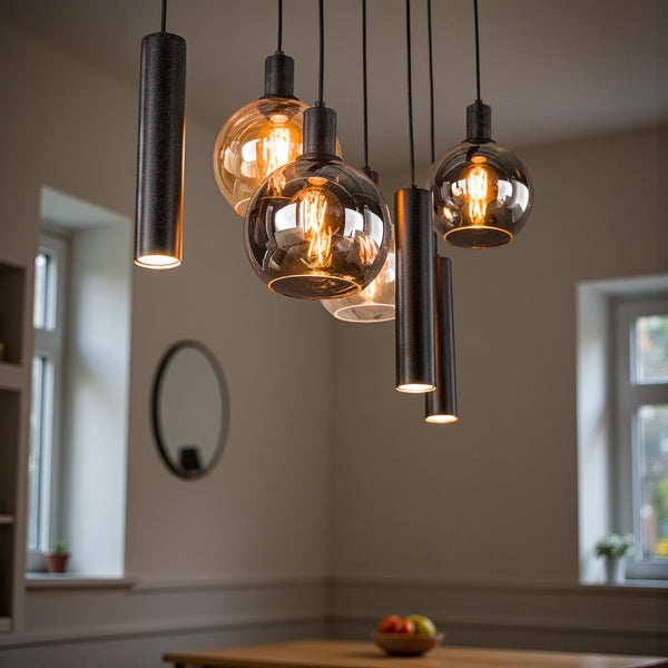 Industriële Hanglamp voor Eettafel – Amber & Smoke Glas – 7-Lichts – Dimbaar