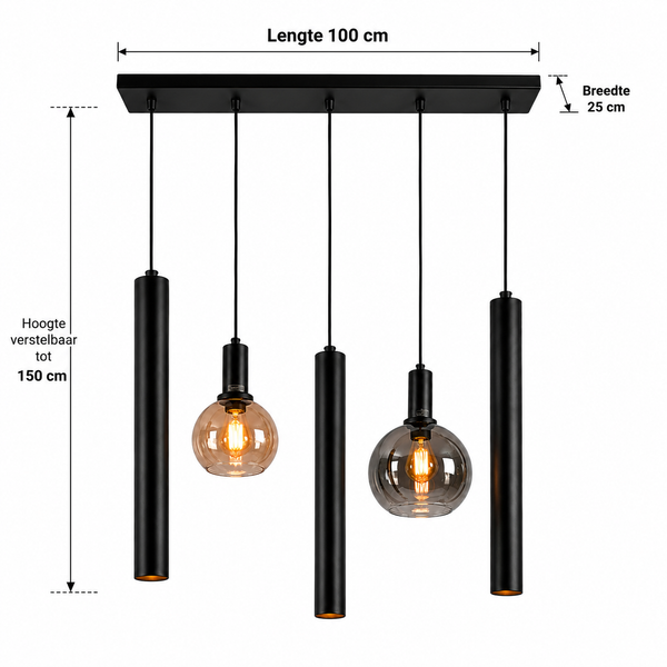 Hanglamp Eettafel – Smoke & Amber Glas – 5-Lichts – Dimbaar