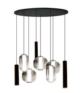 Hanglamp Smoke Glas – Ovale Plaat – 5 Bollen in Verschillende Vormen + 3 Buisspots – Eettafel Dimbaar
