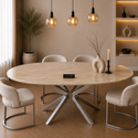 Ovale Beige Travertin Eettafel 180x90 cm Zilver X-poot - Wendy