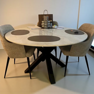 Travertin Eettafel Rond Crème – Luxe Tafel met Zwarte Poot