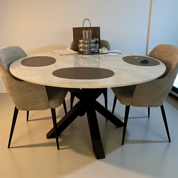 Travertin Eettafel Rond Crème – Luxe Tafel met Zwarte Poot