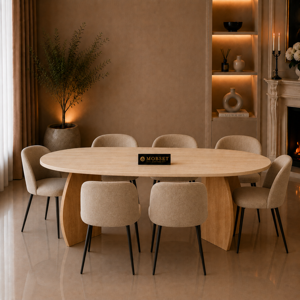 Eettafel Travertin Blad Poten Hout 160x90cm